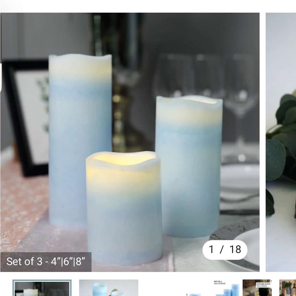 Set of 3 Blue Flameless LED Pillar Candles, Remote Operated Battery Power 4 6 8”